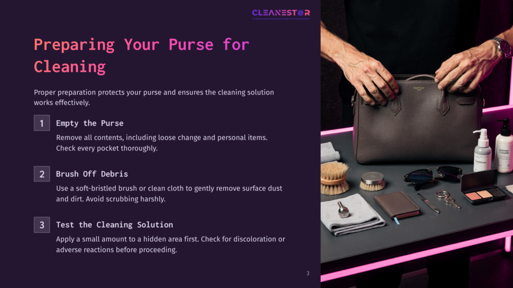 Hands Preparing A Luxury Leather Handbag For Cleaning: A Soft Brush, Cleaning Solution, And Makeup Are Laid Out On A Table.