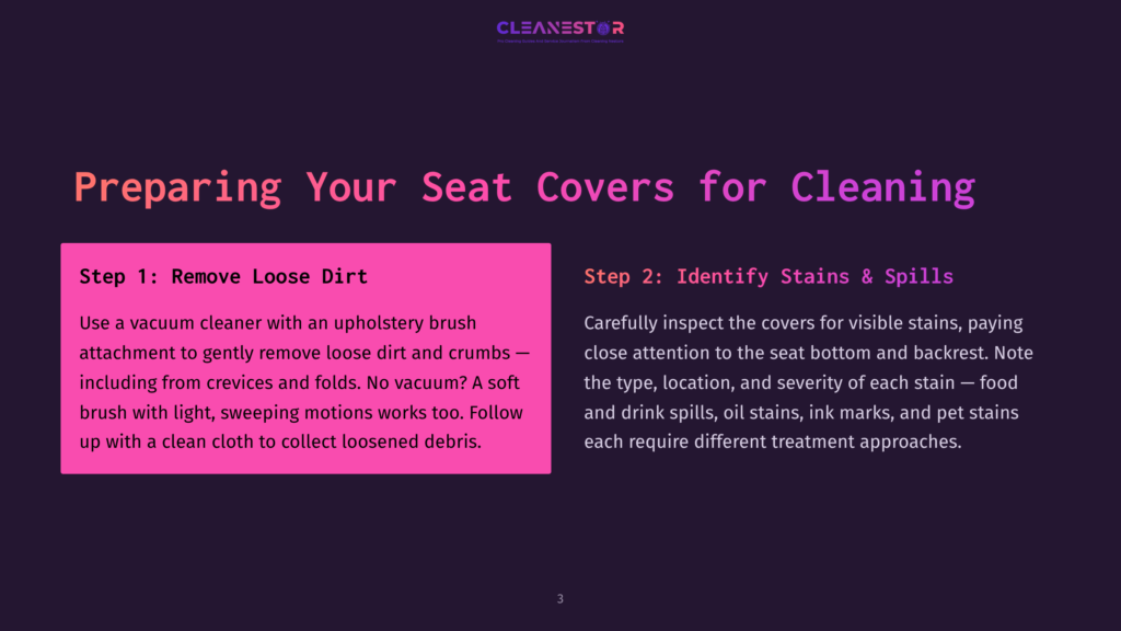 Preparing Your Seat Covers For Cleaning: Step 1, Remove Loose Dirt; Step 2, Identify Stains &Amp; Spills. Text Details Vacuuming And Stain Identification For Car Seat Cleaning.