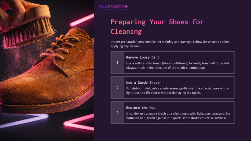 A Close-Up Of A Brown Suede Shoe Being Brushed, With Cleaning Steps Listed Beside It In A Modern Layout Featuring Purple And Pink Accents.