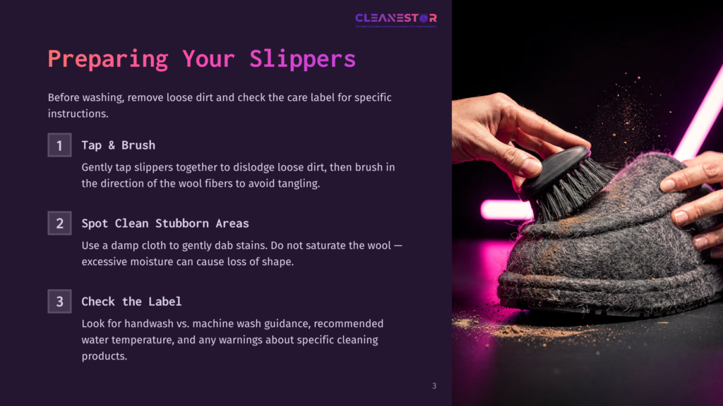 A Close-Up Of A Hand Using A Dark Brush To Clean A Fuzzy Grey Slipper, With Dust And Debris On A Dark Surface. Text Overlays Provide Instructions For Preparing Slippers.