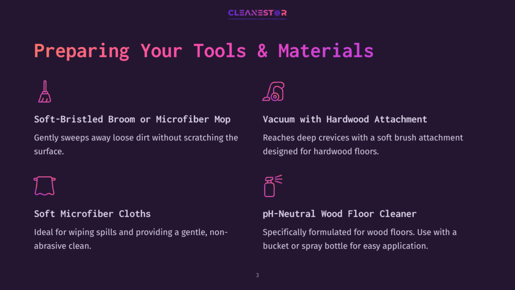 Illustration Of Cleaning Tools For Hardwood Floors: A Bristled Broom, A Vacuum With Hardwood Attachment, And Soft Microfiber Cloths, With Text &Quot;Preparing Your Tools &Amp; Materials&Quot; And &Quot;Ph-Neutral Wood Floor Cleaner&Quot;.