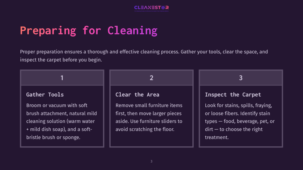 Text On A Dark Purple Background Outlines Steps For Cleaning, Including Gathering Supplies, Clearing The Area, And Inspecting The Carpet.