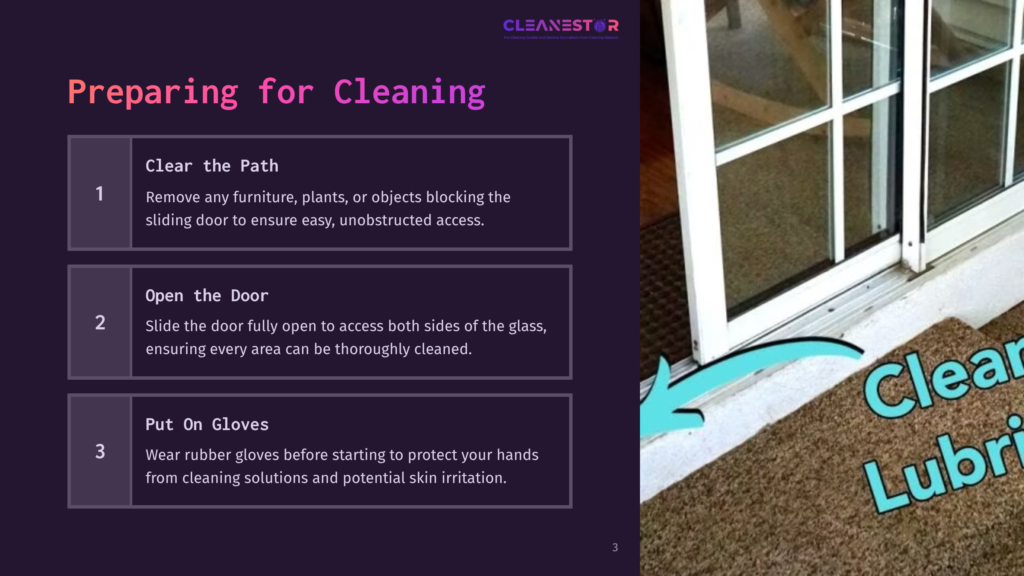 A Person Wearing Gloves Opens A Sliding Glass Door, Revealing A Clean Pathway And Floor Mat, With Cleaning Instructions On The Side.