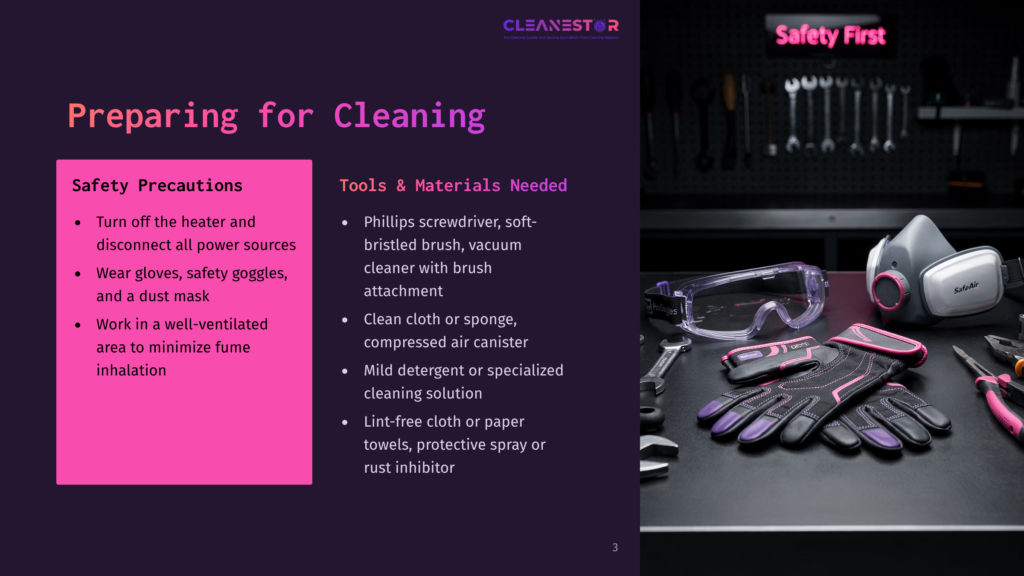 A Dark Purple Slide Titled &Quot;Preparing For Cleaning&Quot; With &Quot;Safety Precautions&Quot; And &Quot;Tools &Amp; Materials Needed&Quot; Lists, Alongside An Image Of Cleaning Supplies Like Goggles, Gloves, And A Respirator.