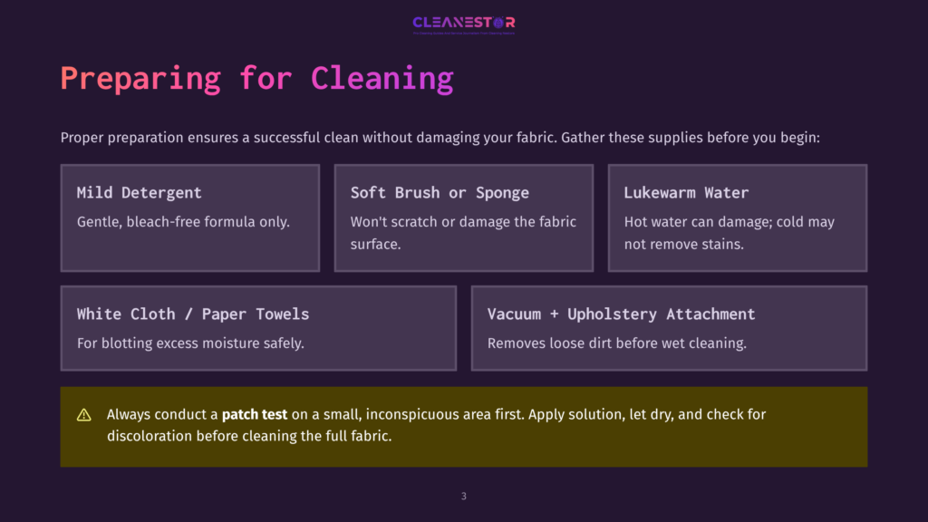 Graphic Titled &Quot;Preparing For Cleaning&Quot; Lists Essential Cleaning Supplies: Mild Detergent, Soft Brush Or Sponge, Lukewarm Water, White Cloth/Paper Towels, And Vacuum With Upholstery Attachment. It Advises A Patch Test Before Full Fabric Cleaning.