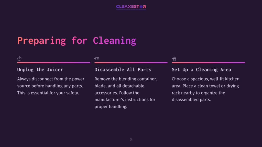 Text On A Dark Purple Background Outlining Cleaning Steps For A Nutribullet Juicer, With Sections On Safety, Disassembly, And Setup.