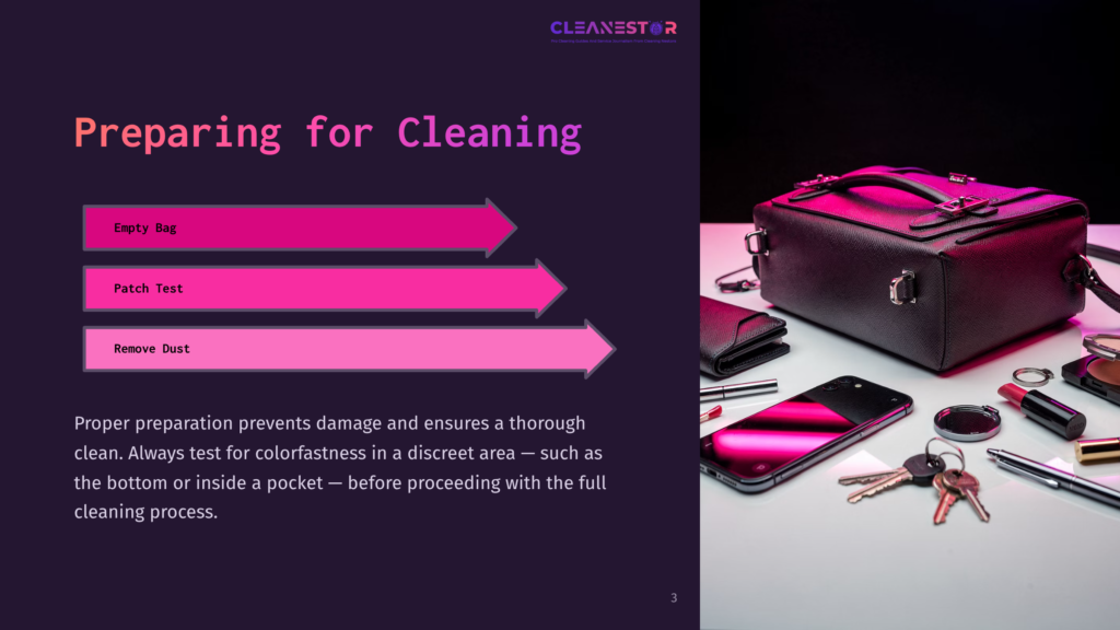 A Black Michael Kors Bag With Pink Accents Beside Tools For Cleaning, Including Scissors, A Phone, And A Cloth On A Light Surface.