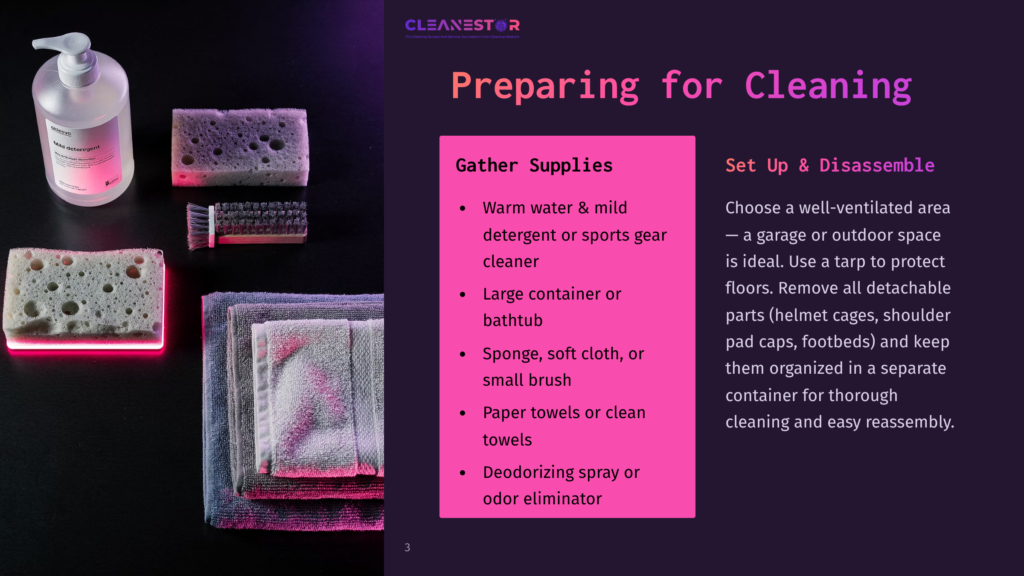 A Collection Of Cleaning Supplies: Sponges, Towels, Detergent, And A Deodorizing Spray, Arranged On A Dark Surface With A Pink Overlay.