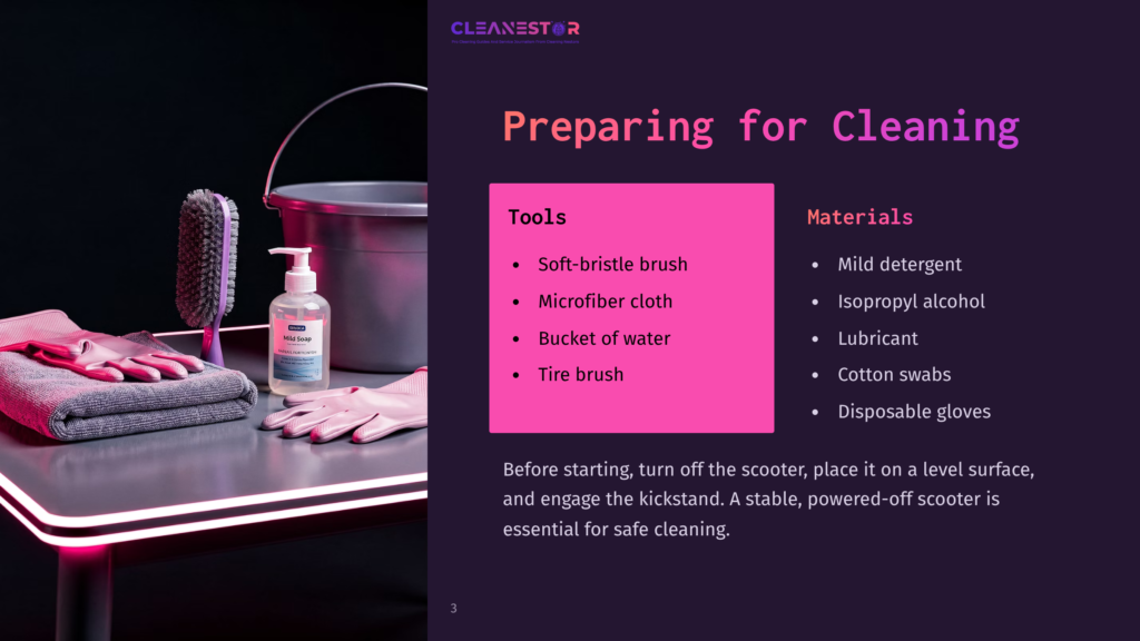 3 Preparing For Cleaning 7 A Soft-Bristle Brush, Microfiber Cloth, Bucket Of Water, And Cleaning Supplies Arranged Neatly With Gloves And Sanitizer On A Table.