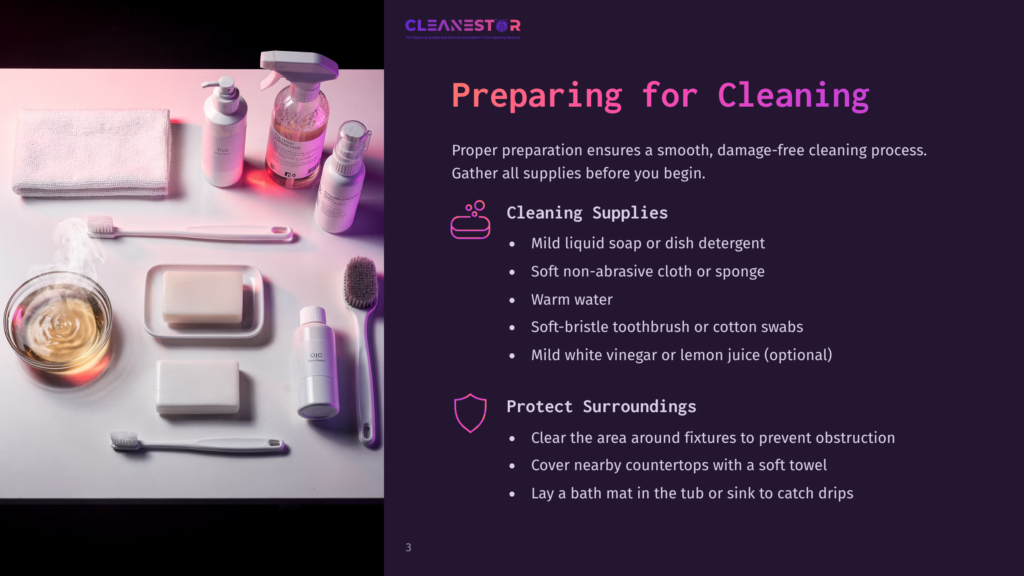 A Flat Lay Of Bathroom Cleaning Supplies: White Towels, Toothbrushes, Soap Bars, Liquid Soap Dispensers, And A Scrub Brush On A Dark Purple Background.