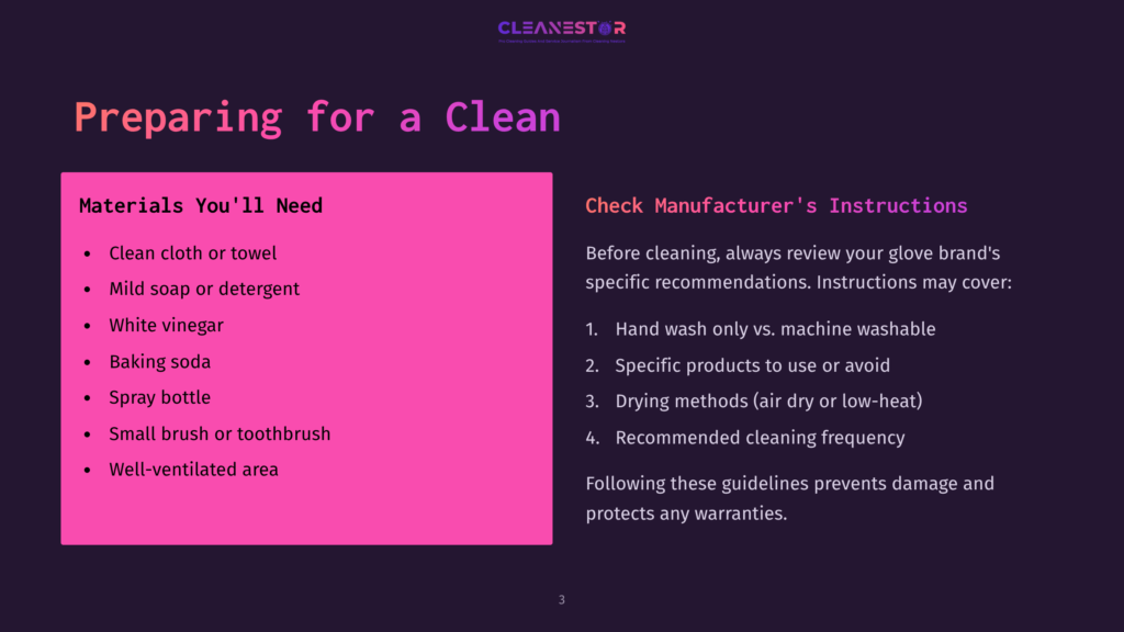 A Slide Titled &Quot;Preparing For A Clean&Quot; Lists Cleaning Materials Like Cloth, Soap, Vinegar, And Baking Soda, Alongside Instructions To Check Manufacturer'S Recommendations.