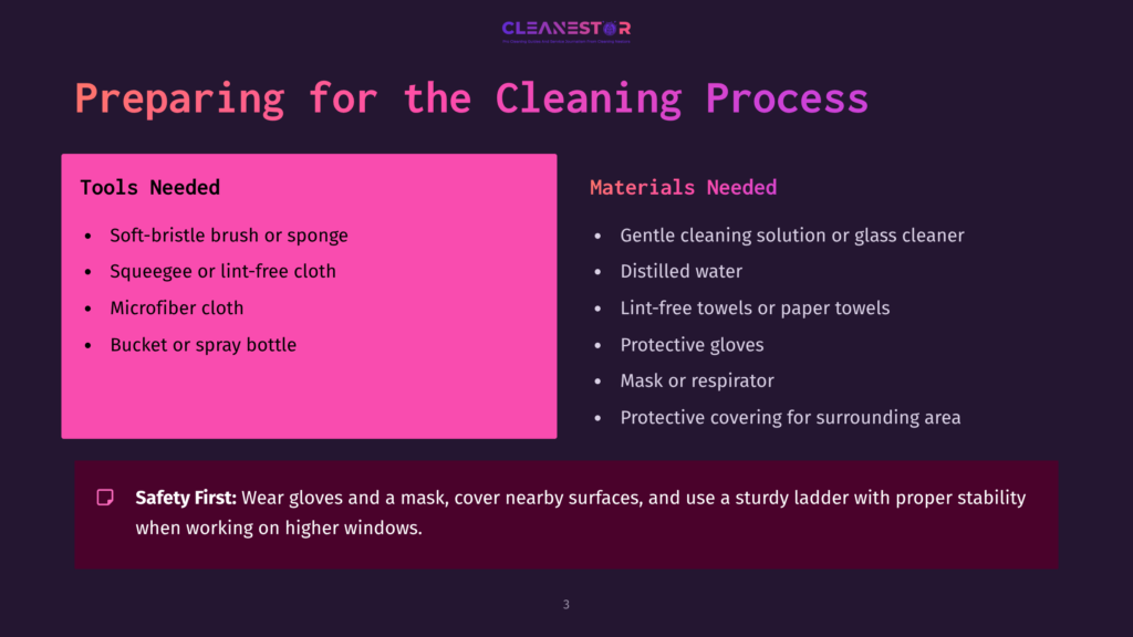 List Of Tools And Materials Needed For Cleaning Stained Glass Windows, With Vibrant Pink And Purple Backgrounds Highlighting Key Items.