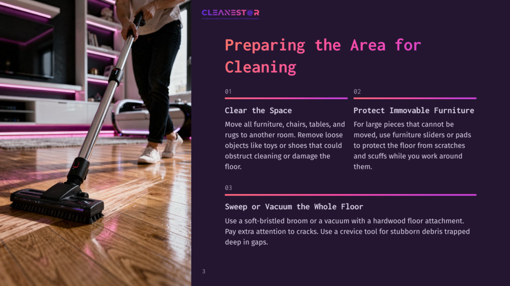 A Person Using A Vacuum Cleaner On Hardwood Floors, Highlighting The Space With Gathered Furniture And Purple Lighting In The Background.