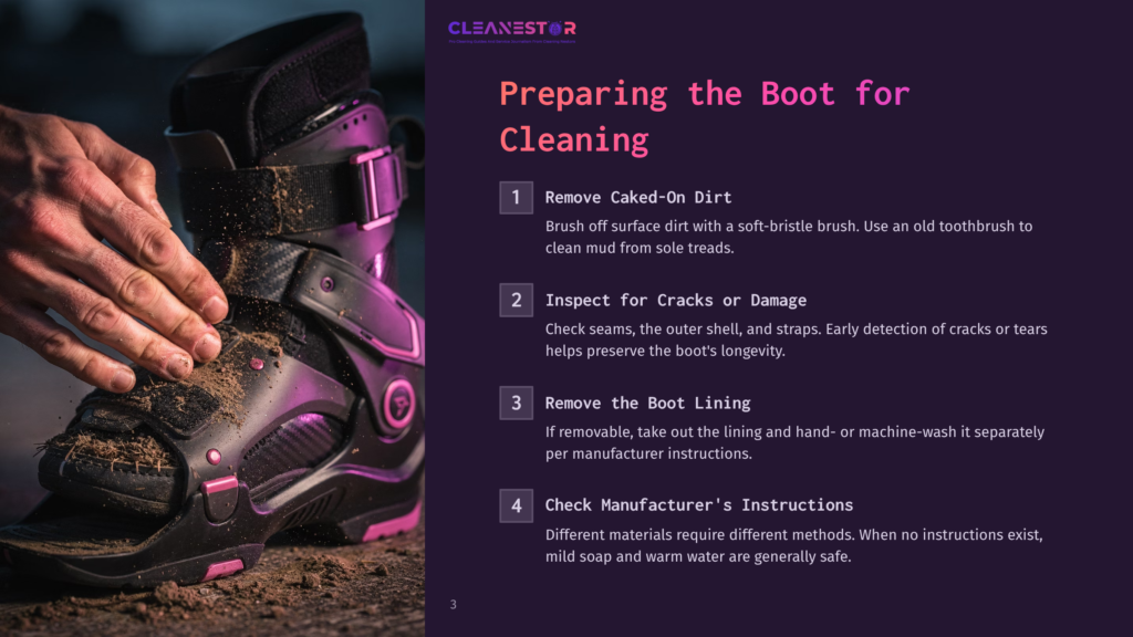 A Hand Brushes Dirt Off A Black And Pink Walking Boot With Outline Steps For Cleaning, Featuring Bold Text And Clear Instructions.