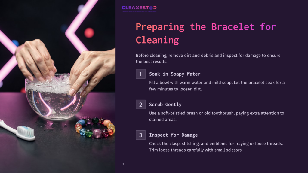 A Person’s Hands Place A Colorful Rastaclat Bracelet Next To A Clear Bowl Filled With Soapy Water, With Text Instructions Alongside.