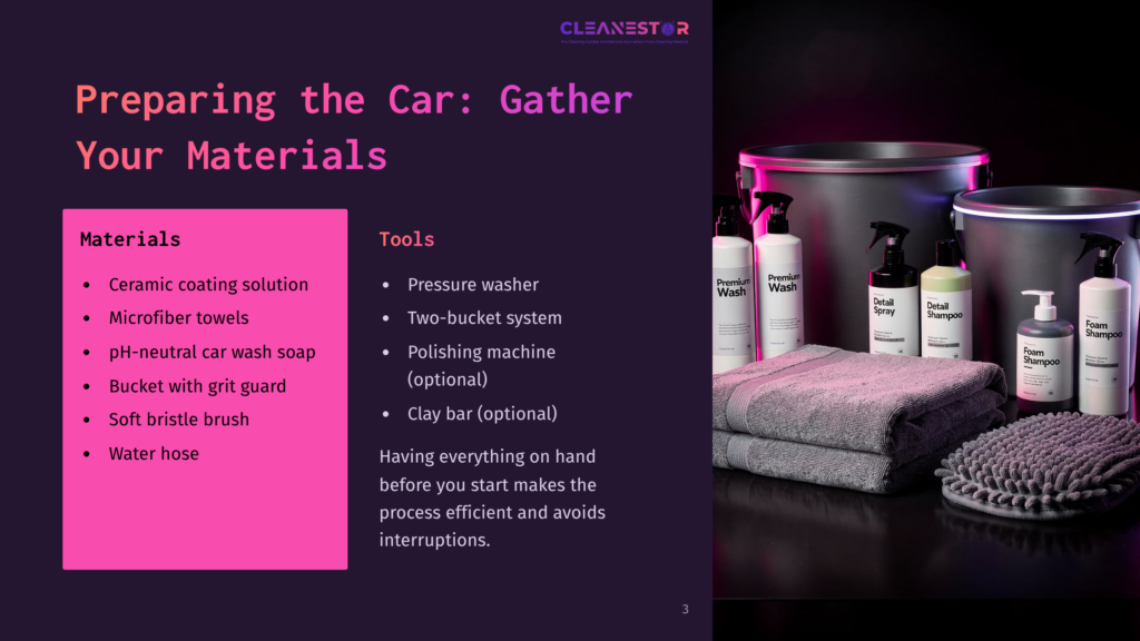 3 Preparing The Car Gather Your Materials Cleanestar Car Detailing Supplies: Ceramic Coating Solution, Microfiber Towels, Ph-Neutral Car Wash Soap, Bucket With Grit Guard, Soft Bristle Brush, And Water Hose Are Laid Out With Pressure Washer, Two-Bucket System, Polishing Machine, And Clay Bar For Car Preparation.