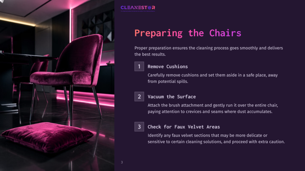 3 Preparing The Chairs A Plush, Deep Purple Velvet Chair And Matching Cushion Are Staged In A Modern, Dimly Lit Room, With Text Overlay Reading &Quot;Cleanestor Preparing The Chairs&Quot;.