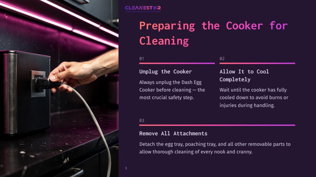 A Hand Unplugs A Dash Egg Cooker, With Instructions For Cleaning Displayed Beside It, Against A Dark Background With Pink Lighting.