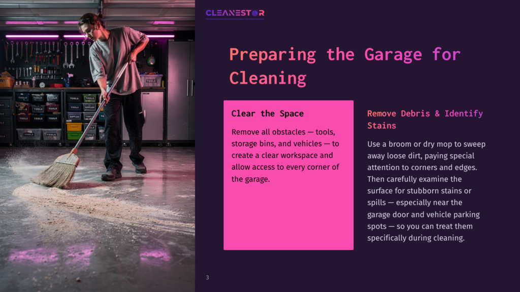 A Person Sweeps A Shiny Epoxy Floor In A Garage, With Bright Purple Walls And Ample Light, Focusing On Cleaning And Organization.