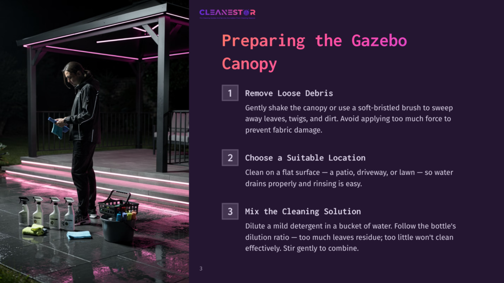 A Person Cleaning A Gazebo Canopy At Night, With Purple Lighting. A Bucket, Spray Bottles, And Cleaning Supplies Are On The Ground Nearby.