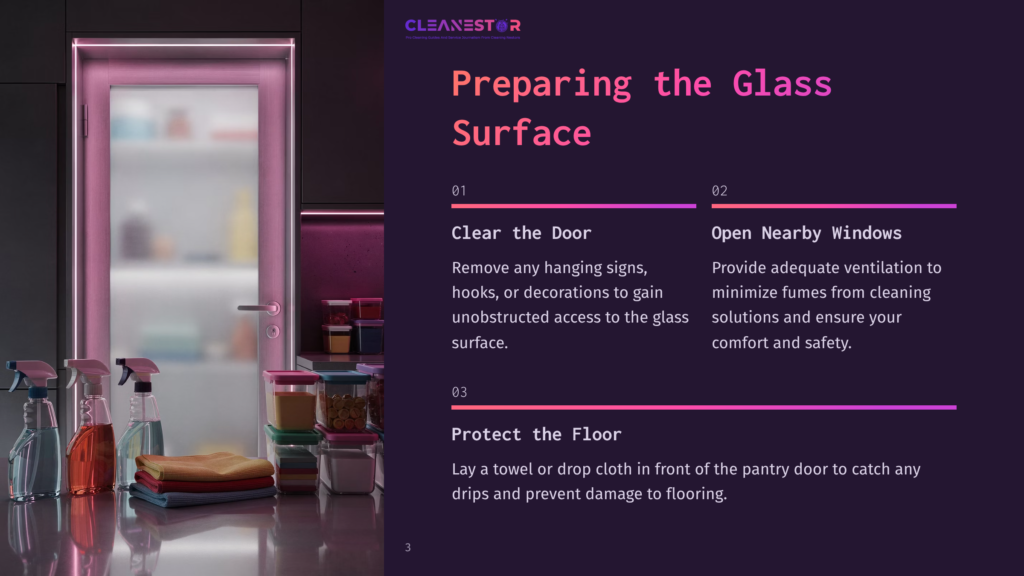 Frosted Glass Pantry Door With Cleaning Supplies In Front, Including Spray Bottles And Storage Containers, Illuminated Softly.