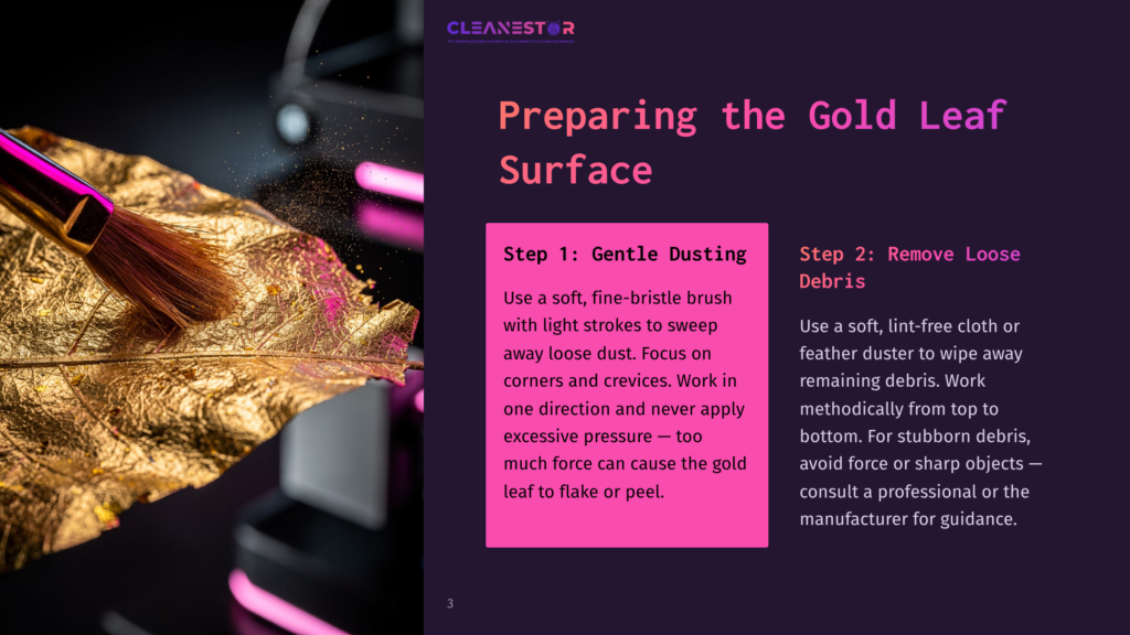 A Close-Up Of Gold Leaf Being Brushed Gently, With A Soft Brush And A Pink Background, Illustrating Cleaning Steps For Gold Surfaces.