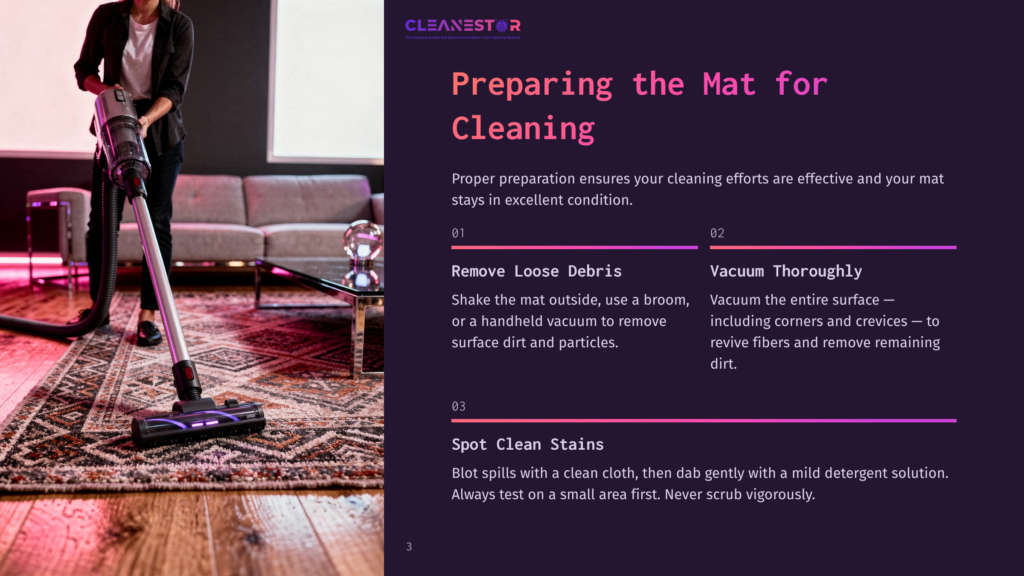 A Person Vacuums A Patterned Rug With A Cordless Vacuum Cleaner, Illustrating Steps For Preparing A Mat For Cleaning, Including Removing Loose Debris And Vacuuming Thoroughly.