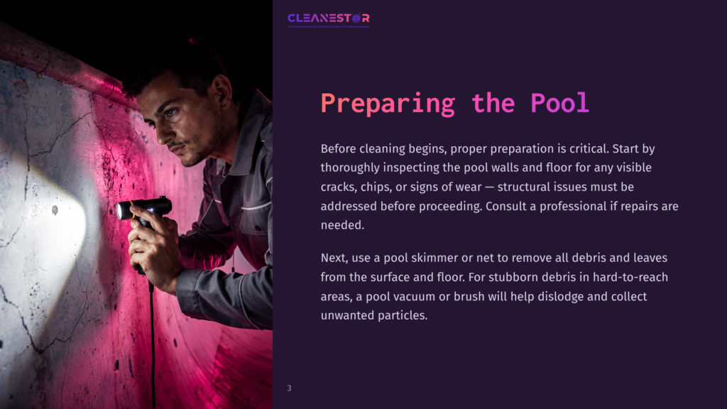 A Person Inspecting A Pool Wall With A Flashlight, Highlighting Cracks And Debris, Against A Dark Background With Purple Lighting.