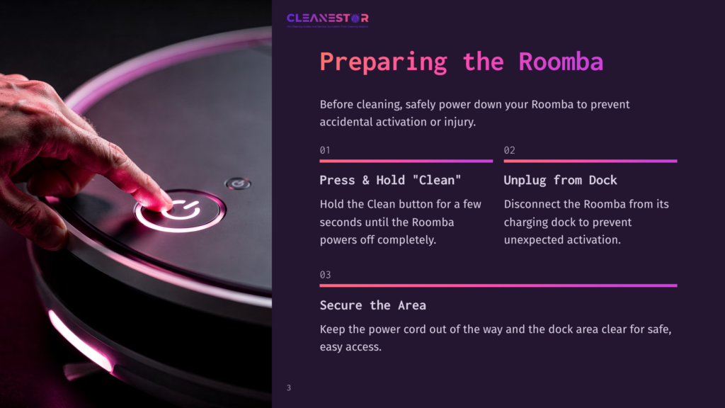 Close-Up Of A Hand Pressing The Glowing &Quot;Clean&Quot; Button On A Black Roomba Vacuum Cleaner, Preparing It For Operation.