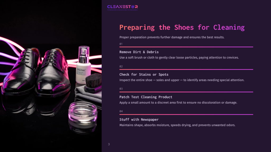 A Pair Of Black Badgley Mischka Shoes With Cleaning Supplies, Including Spray, Brush, And Jar, On A Dark Background With Neon Accents.