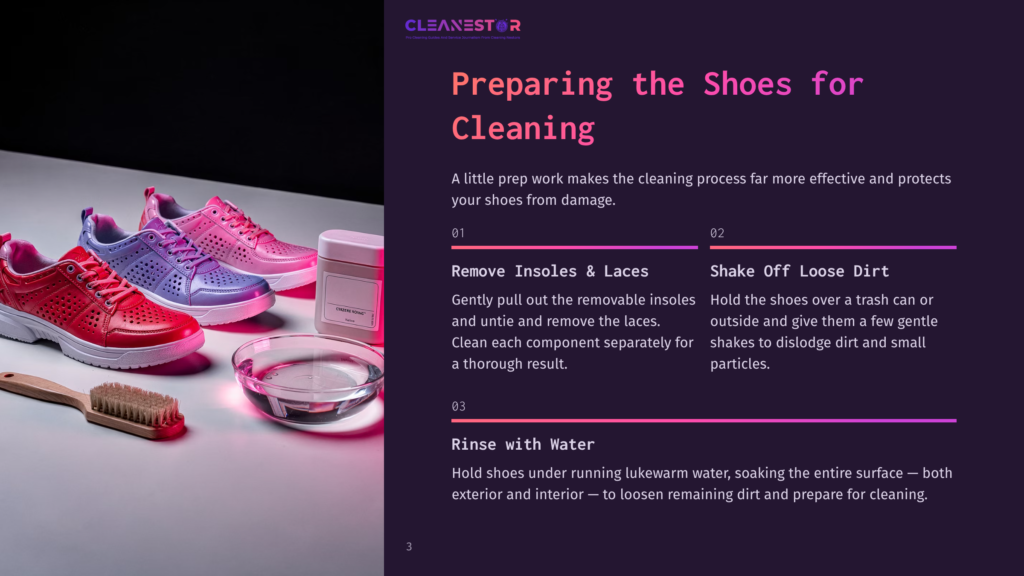 A Vibrant Display Of Cleaning Supplies For Shoes: Pink And Blue Shoes, A Bowl Of Water, Brushes, And A List Of Cleaning Steps.