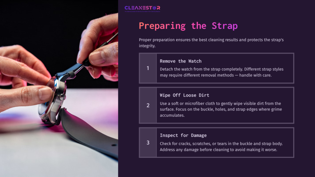 3 Preparing The Strap Close-Up Of Hands Removing A Resin Watch Strap. Text Instructions In Three Steps Focus On Cleaning And Inspecting The Strap.