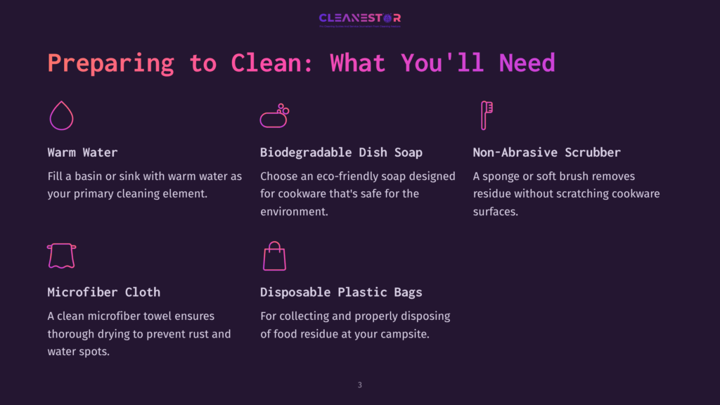 Warm Water, Biodegradable Dish Soap, Non-Abrasive Sponge, Microfiber Cloth, And Disposable Plastic Bags On A Dark Background.