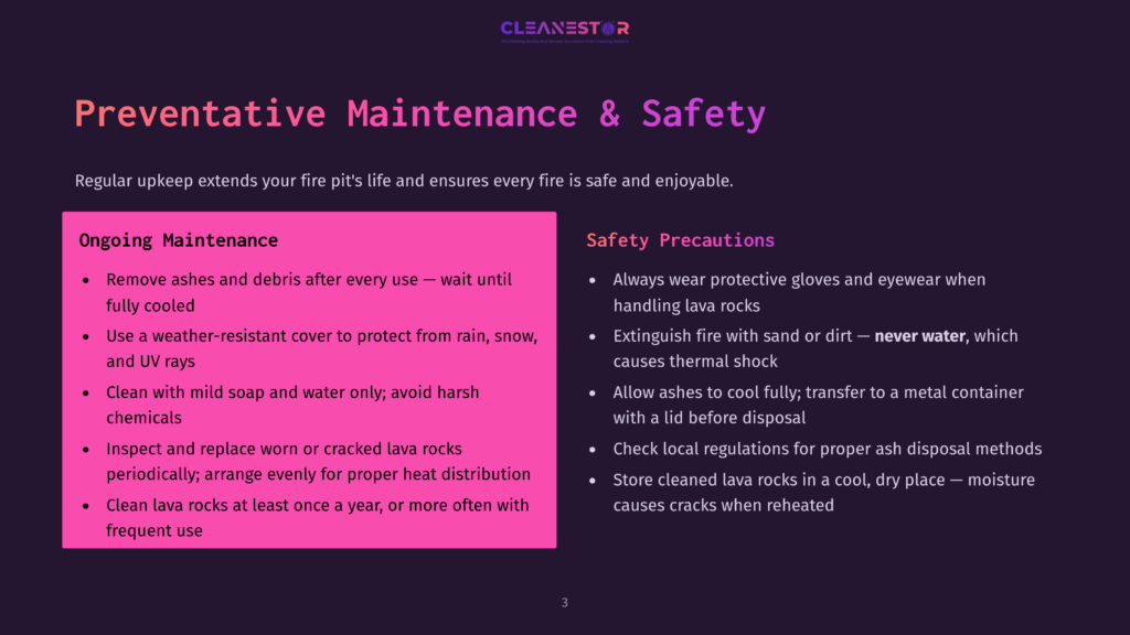 A Dark Purple Background With A Pink Rectangle On The Left Side Titled &Quot;Ongoing Maintenance&Quot; And A Pink Rectangle On The Right Side Titled &Quot;Safety Precautions&Quot;. The Text Lists Important Fire Pit Maintenance And Safety Tips.