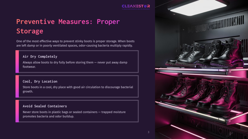 Preventive Measures For Proper Boot Storage: Air Dry Completely, Cool Dry Location, And Avoid Sealed Containers. Black Boots Are Stored On Shelves In A Brightly Lit, Modern Storage Unit.