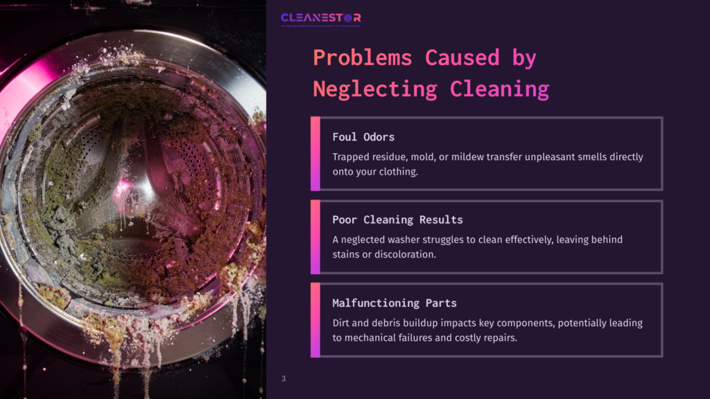 A Close-Up View Of A Dirty Washing Machine Drum With Residue, Accompanied By Text Highlighting Cleaning Neglect Issues Like Odors And Malfunctions.