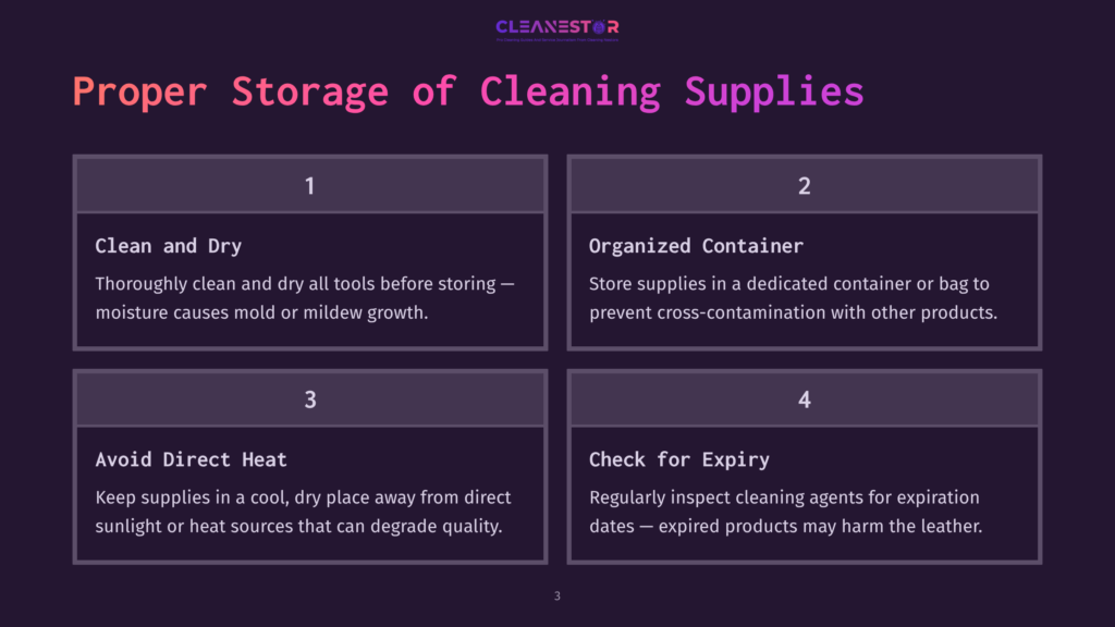 Four Panels Detailing Proper Storage Of Cleaning Supplies: 1. Clean And Dry Tools, 2. Organized Container, 3. Avoid Direct Heat, 4. Check For Expiry. The Text &Quot;Cleanestor&Quot; Is Visible At The Top.