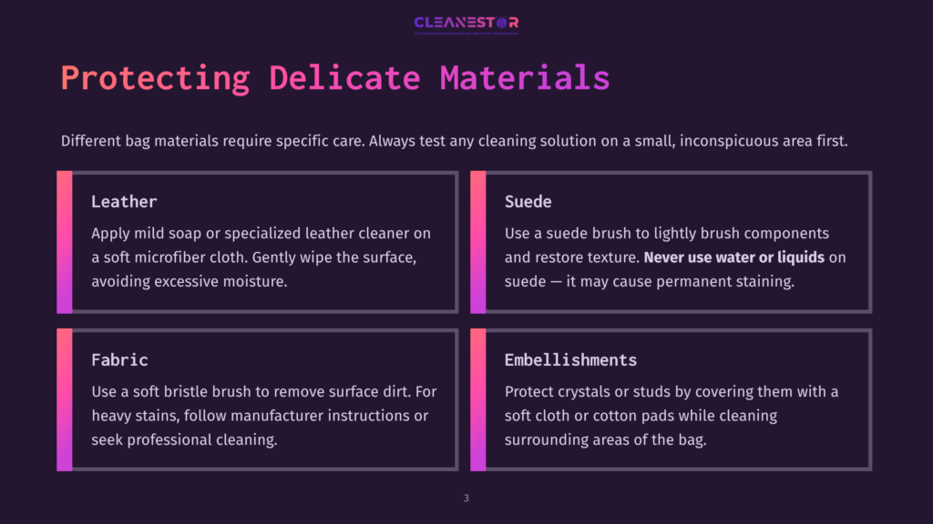 3 Protecting Delicate Materials A Purple And Black Infographic Detailing Care Instructions For Leather, Suede, Fabric, And Embellishments With Icons For Each Material.