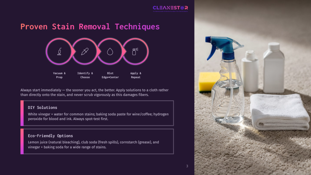 A Cleaning Spray Bottle And Cloth Sit On A Carpet Next To Cleaning Supplies, Illustrating &Quot;Proven Stain Removal Techniques&Quot; With Icons For Vacuum, Identify, Blot, And Apply.
