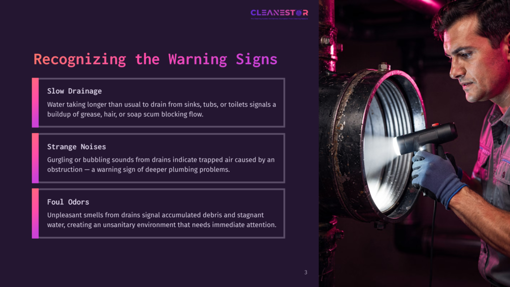 A Plumber In Blue Gloves Uses A Flashlight To Inspect A Large, Rusty Pipe, While A Slide Displays Warning Signs For Slow Drainage, Strange Noises, And Foul Odors.