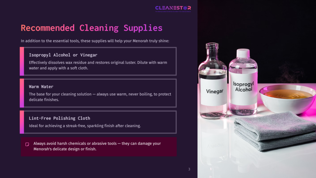 Two Glass Bottles Labeled &Quot;Isopropyl Alcohol&Quot; And &Quot;Vinegar,&Quot; A Bowl Of Warm Water, And A Lint-Free Polishing Cloth On A Purple Background.