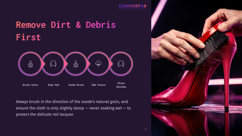 A Hand Holds A Small Brush, Cleaning A Vibrant Red High-Heeled Shoe Against A Dark Background With Pink Lighting.