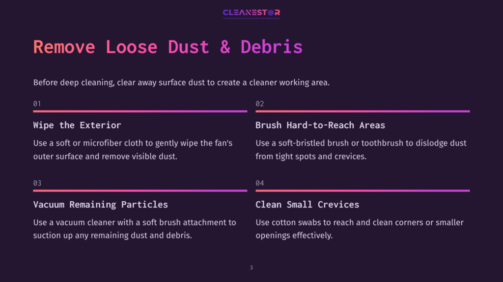 Instructions On Cleaning A Fan, Featuring Bold Headings, Numbered Steps, And Purple, Pink, And White Text On A Dark Background.