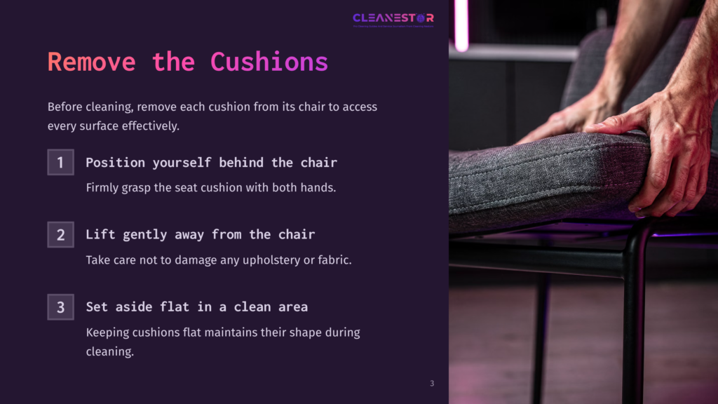 3 Remove The Cushions Close-Up Of Hands Gently Removing A Dark Gray Seat Cushion From A Chair, With Text Overlay &Quot;Remove The Cushions&Quot; And Cleaning Instructions.