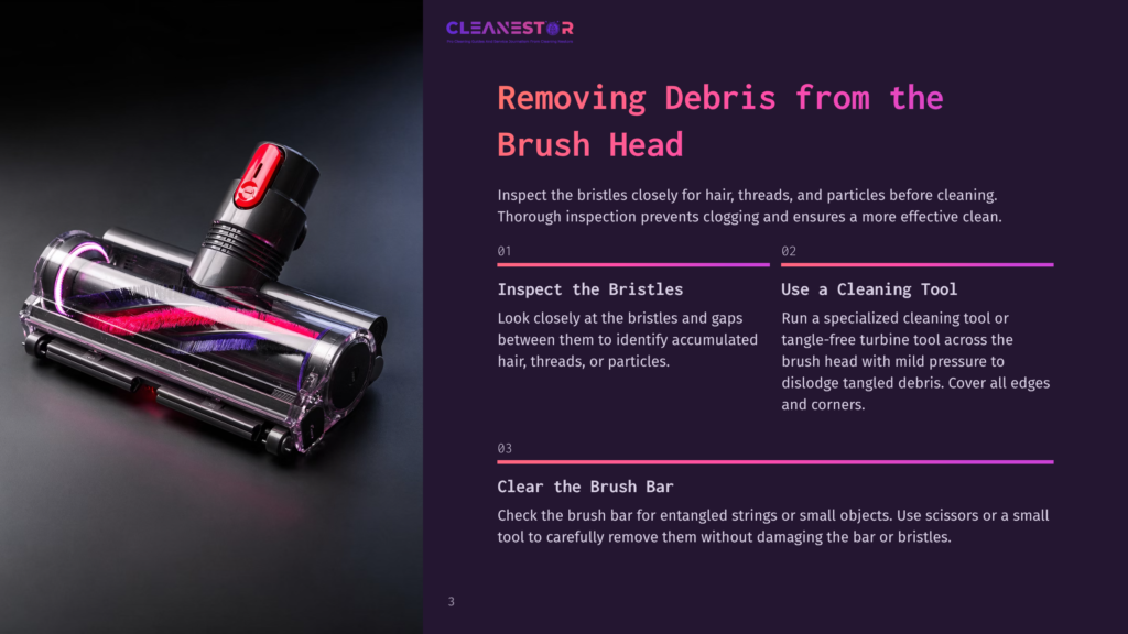 Dyson V11 Brush Head With A Red And Black Color Scheme On A Dark Background, Alongside Cleaning Tips For Debris Removal.