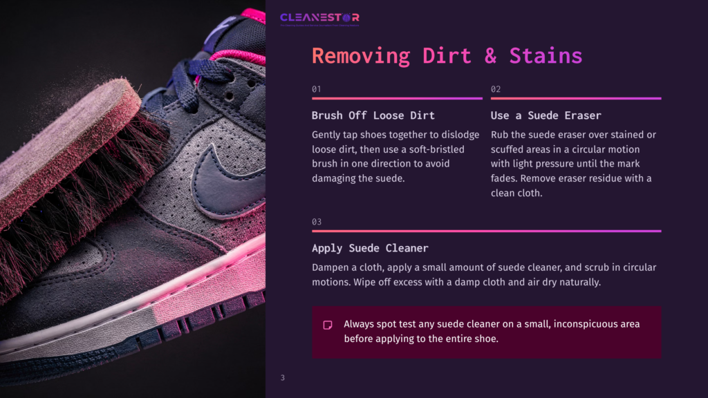 Close-Up Of A Nike Blazer Sneaker In Suede, Showing Detailed Cleaning Steps With Highlighted Text, Purple And Pink Accents.