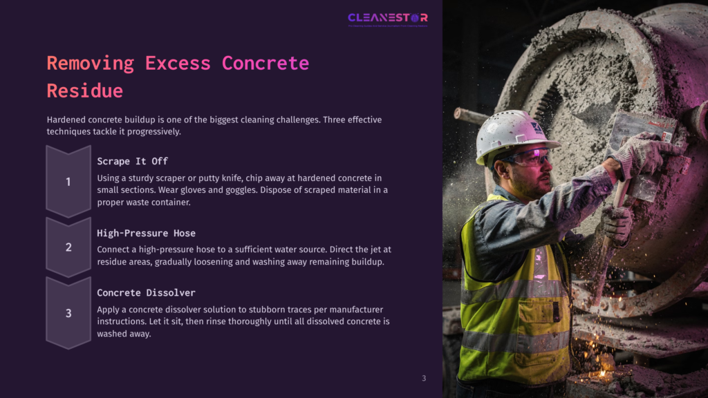 Worker In Hard Hat And Safety Vest Scrapes Hardened Concrete Residue From A Mixing Drum, With Cleanestor Logo Visible.