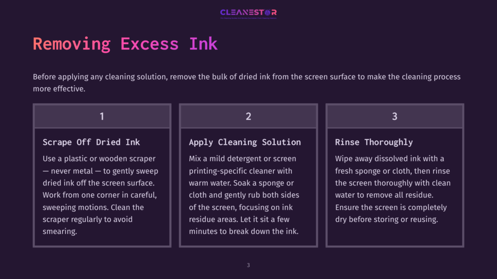 Instructions On Removing Excess Ink, Featuring A Two-Column Layout With Bold Headings, Purple Background, And Clear Steps For Cleaning.