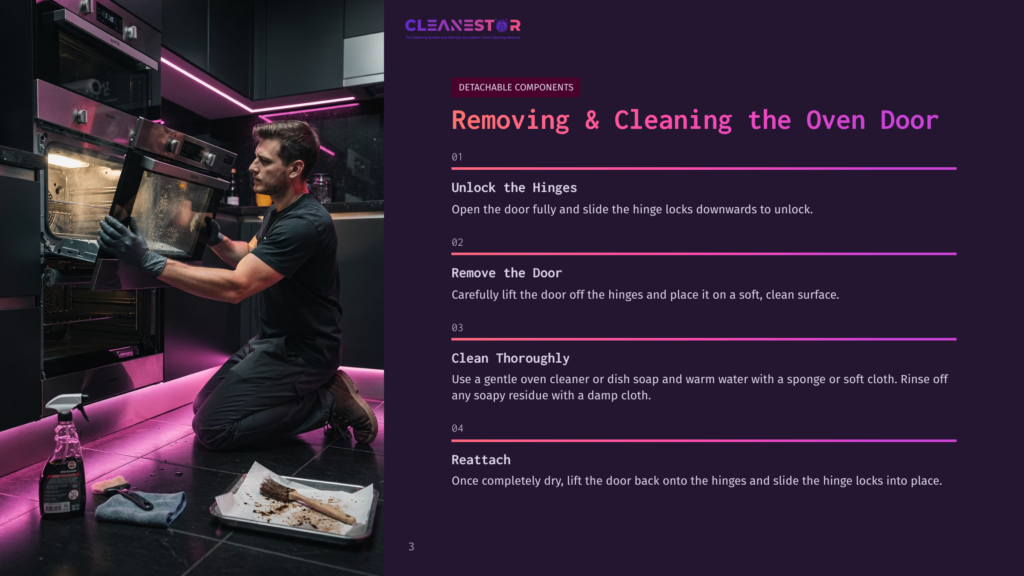 Man In Black Gloves Carefully Removes Oven Door Hinges, Following Instructions From A &Quot;Cleanestor&Quot; Guide On Cleaning Oven Doors. A Spray Bottle And Cleaning Brush Are On The Counter.