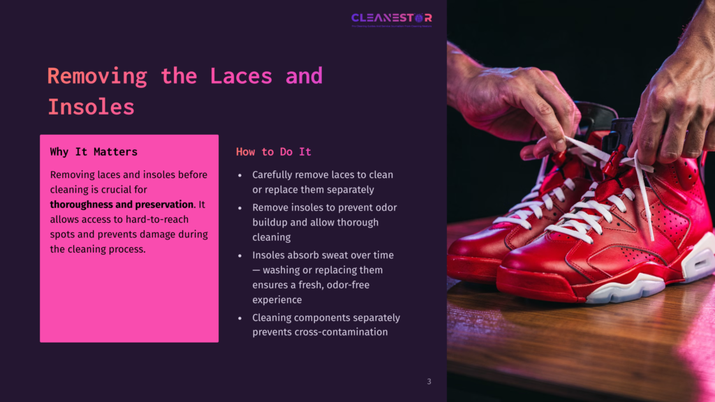 3 Removing The Laces And Insoles Red Sneakers With Laces Partially Untied, Resting On A Surface. Nearby, A Hand Is Lifting A Lace, With Highlighted Text On Cleaning Instructions.